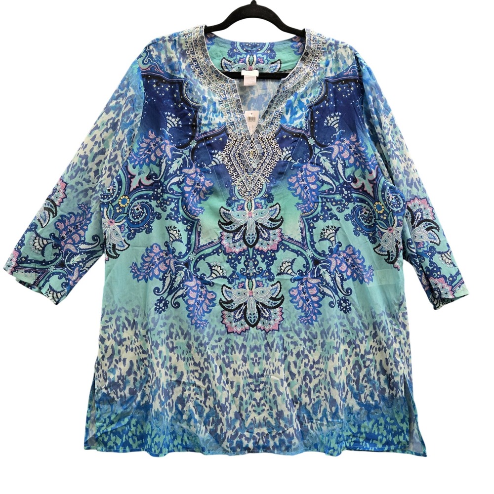 Chicos Embellished Tunic Coastal Sheer Sz 3 16/18 Turquoise Blue Paisley Animal